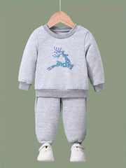 Girls 2pc Deer Pattern Crew Neck Sweatshirt Set