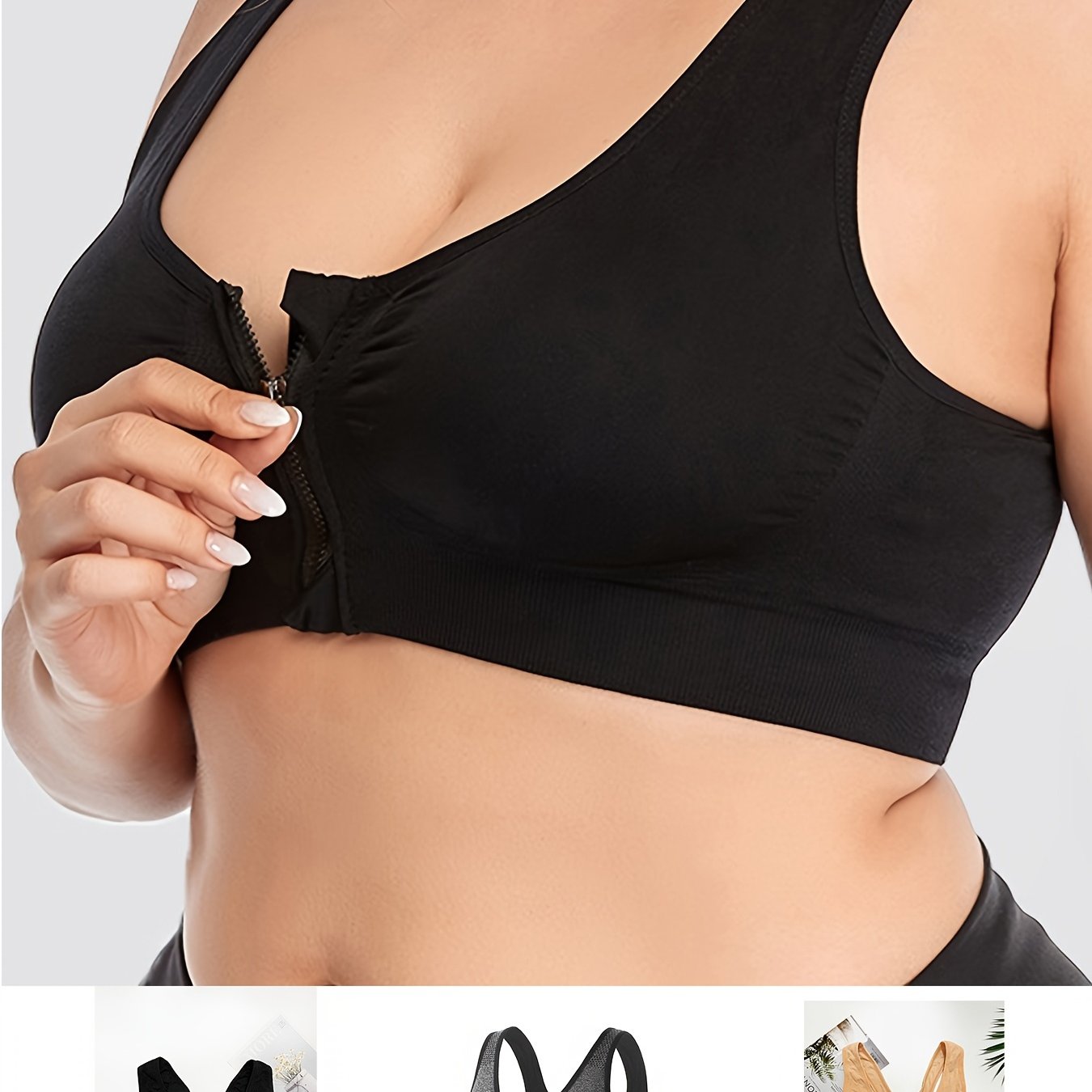 3 Pack Plus Size Sports Bra Set Zipper Front Racer Back Wireless Bralette
