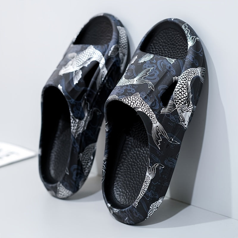 Men's Fish Print Cloud Slides Slippers Lightweight Non Slip Shoes
