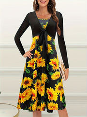 Casual Two Piece Set Knotted Open Front Tops & Sunflower Print Dress