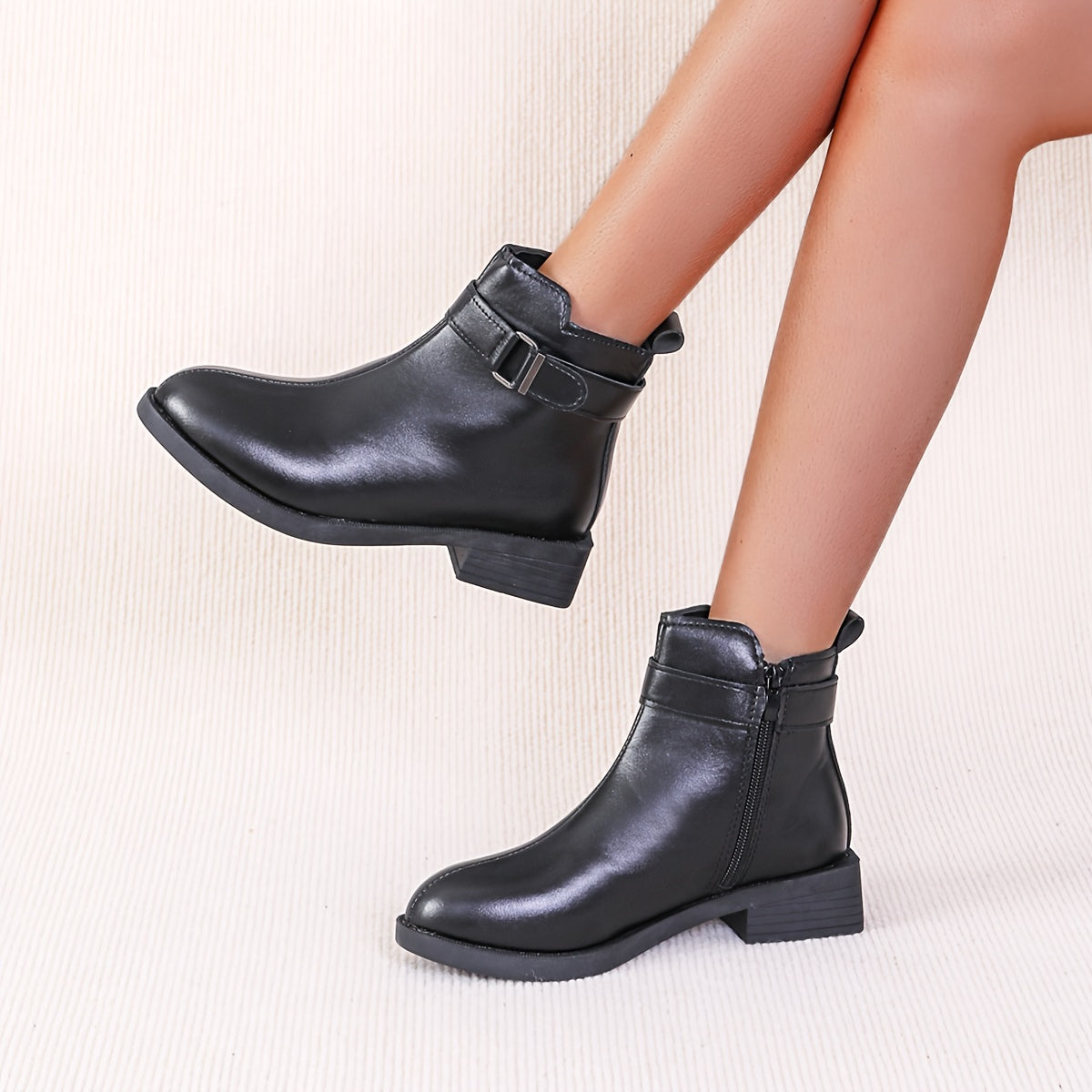 Solid Round Toe Combat Boots Zipper Buckle Short Tube Chelsea Boots