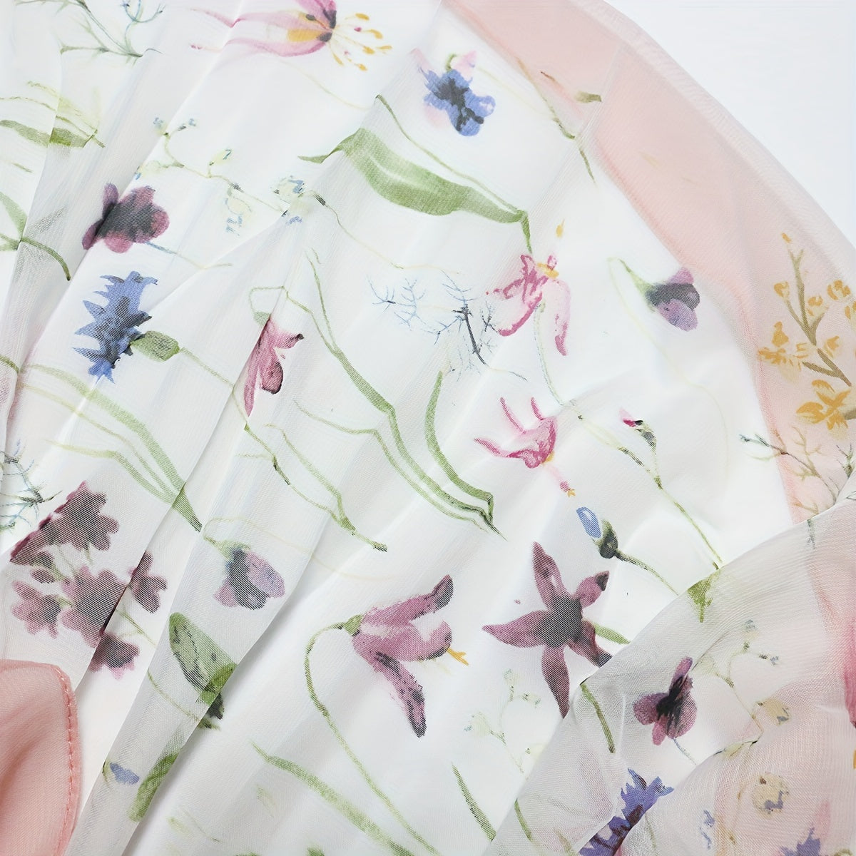 Pink Flower Print Chiffon Scarf Long Shawl Windproof Head Wrap