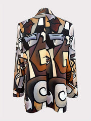 Cartoon Print Double Breasted Blazer Casual Lapel Long Sleeve Blazer