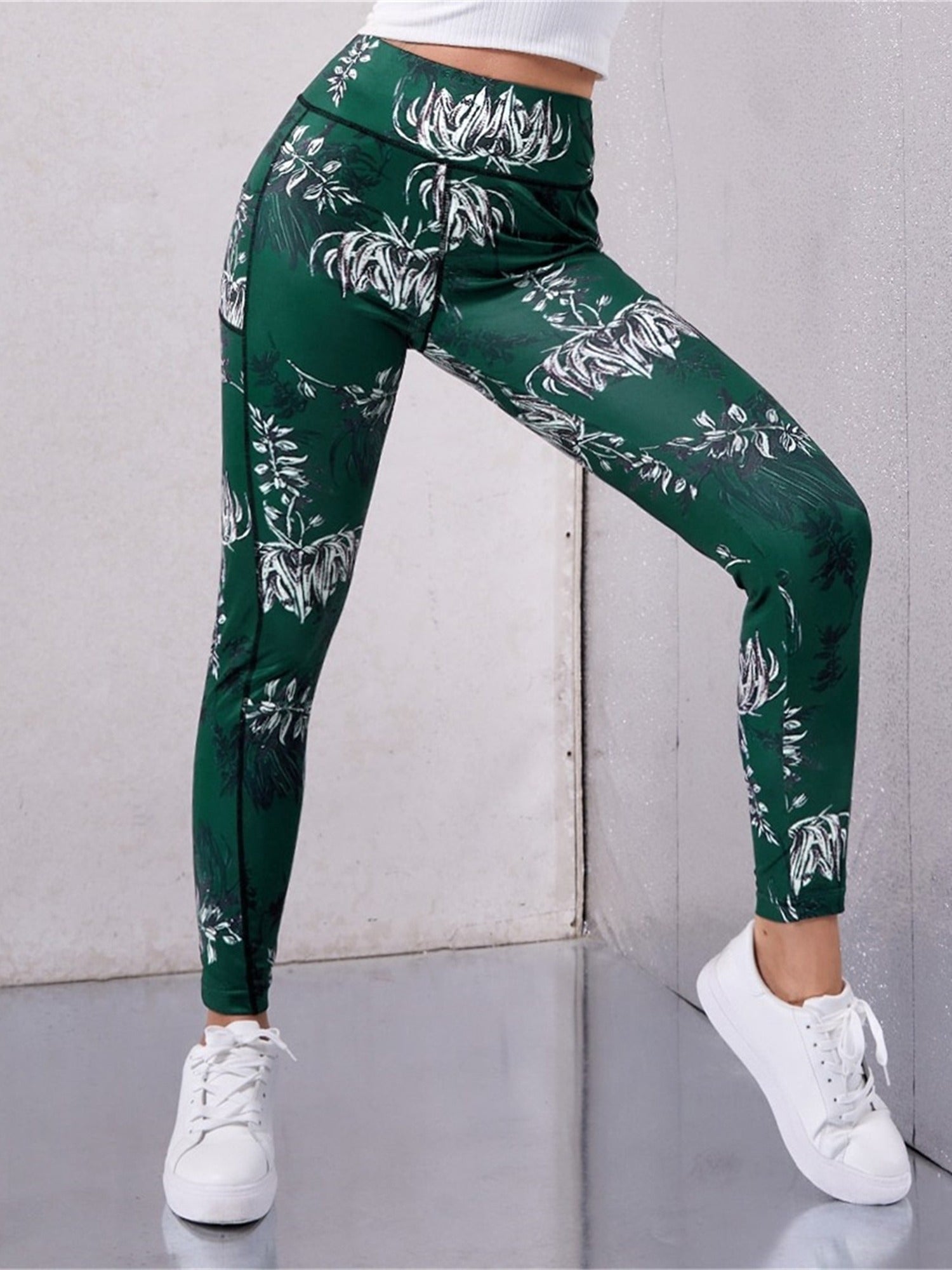 Floral Print High Stretch Yoga Pants with Phone Pocket