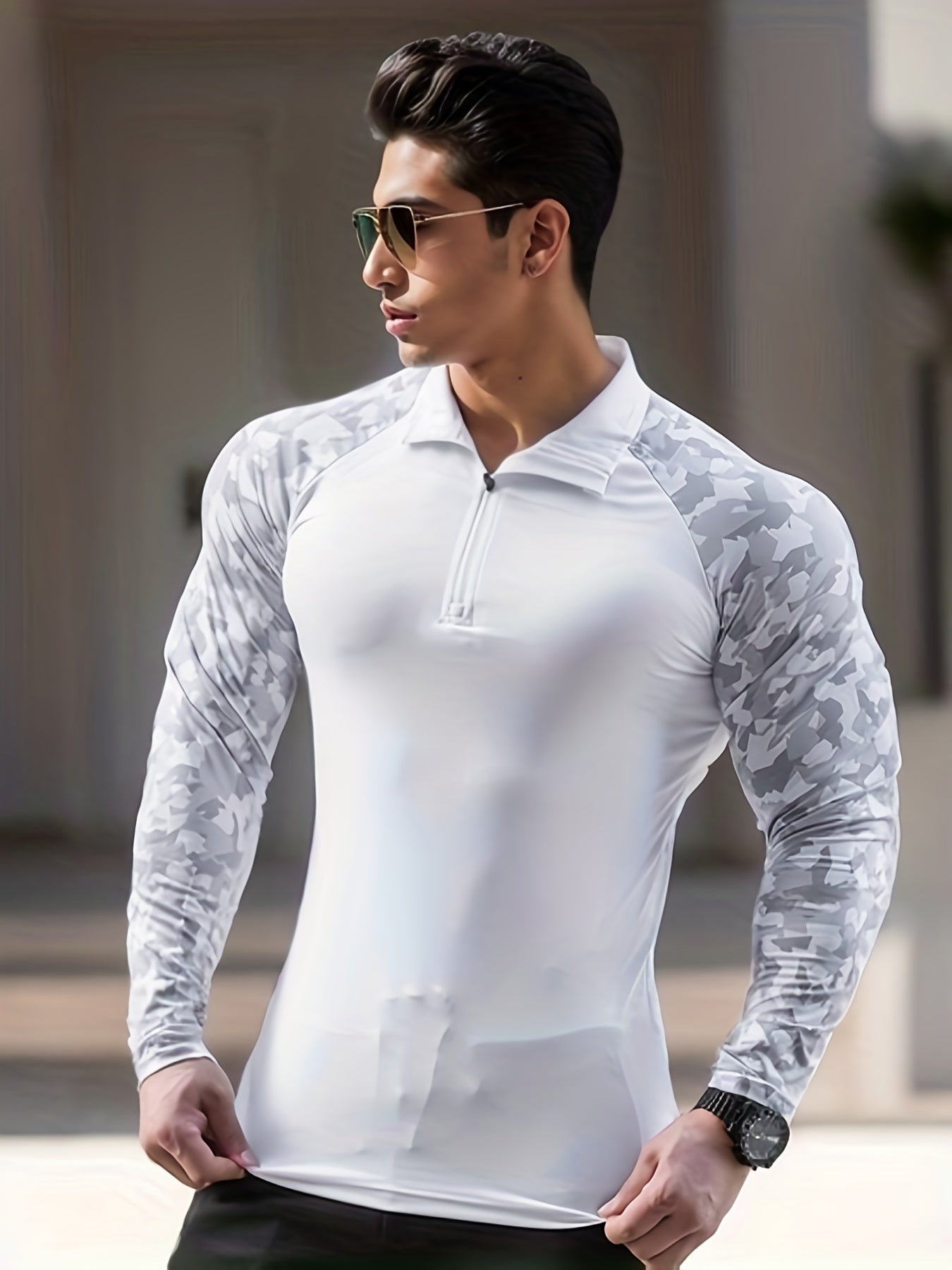Men's Quick Dry Slim Fit Shirt Active Mid Stretch Lapel Zip Long Sleeve