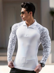 Men's Quick Dry Slim Fit Shirt Active Mid Stretch Lapel Zip Long Sleeve