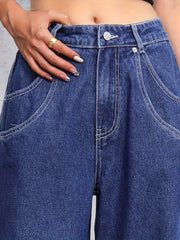 Double Pocket Detail Wide Leg Mopping Jeans Mid Rise Washed Patch