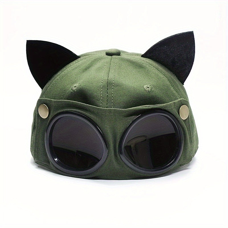 Cat Ears Aviator Glasses Baseball Cap Unisex Retro Style Pilot Hat