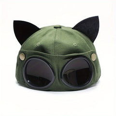 Cat Ears Aviator Glasses Baseball Cap Unisex Retro Style Pilot Hat