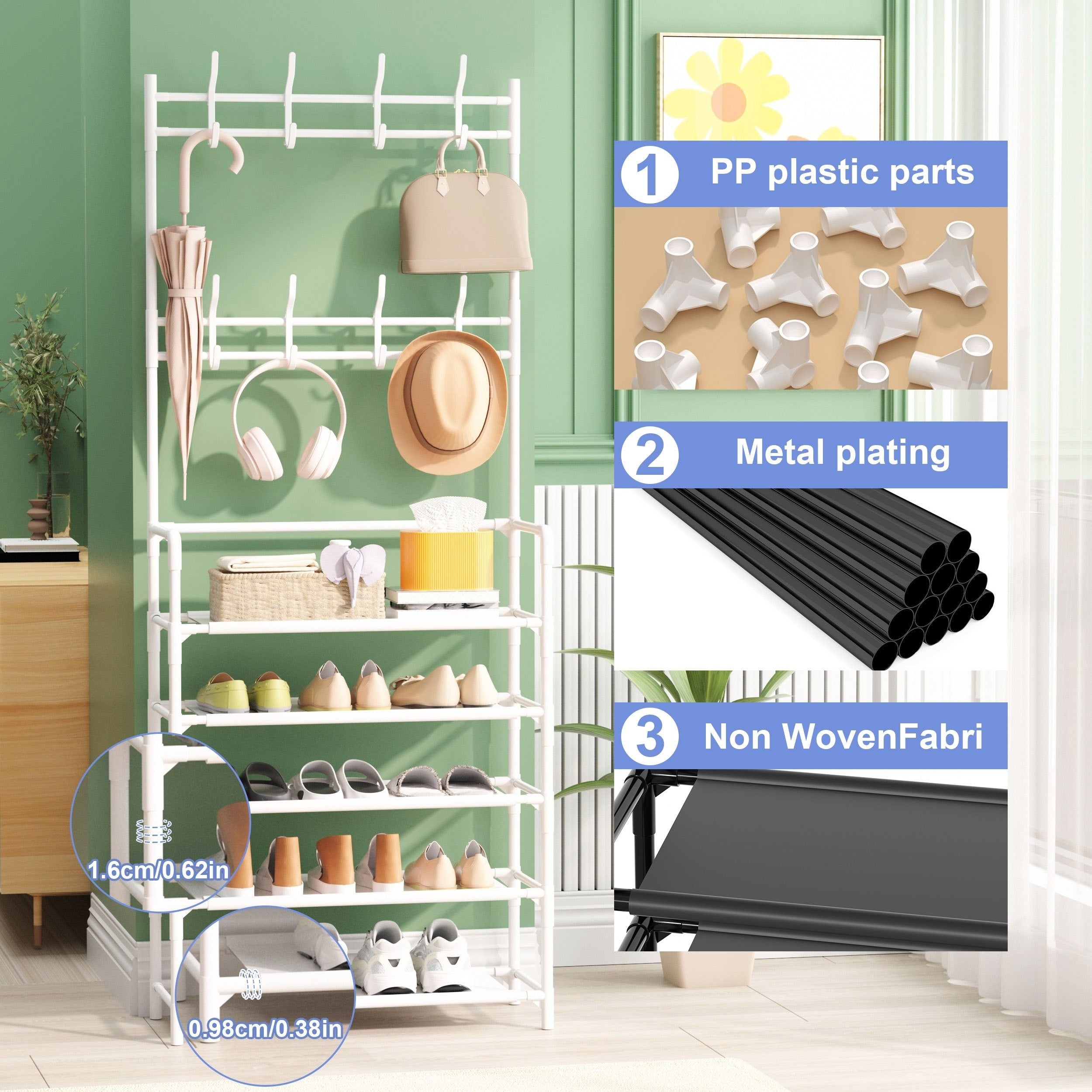 Entrance Coat Rack Foyer Shoe Rack 4 5 Layers 8 Hooks Storage Shelves