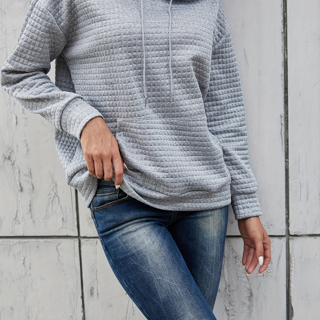 Textured Kangaroo Pocket Hoodie Long Sleeve