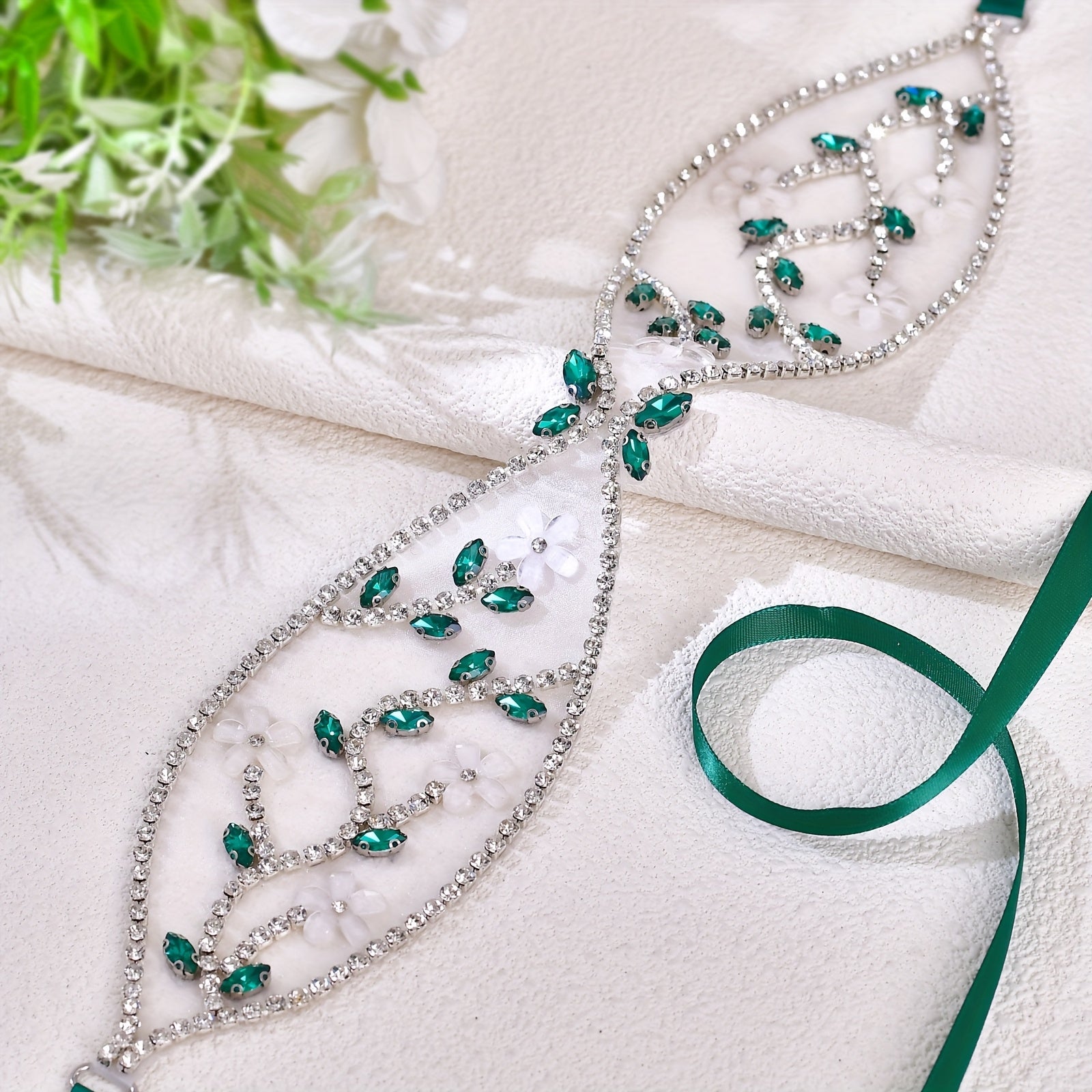 Vintage Bohemian Green Rhinestone Bridal Sash
