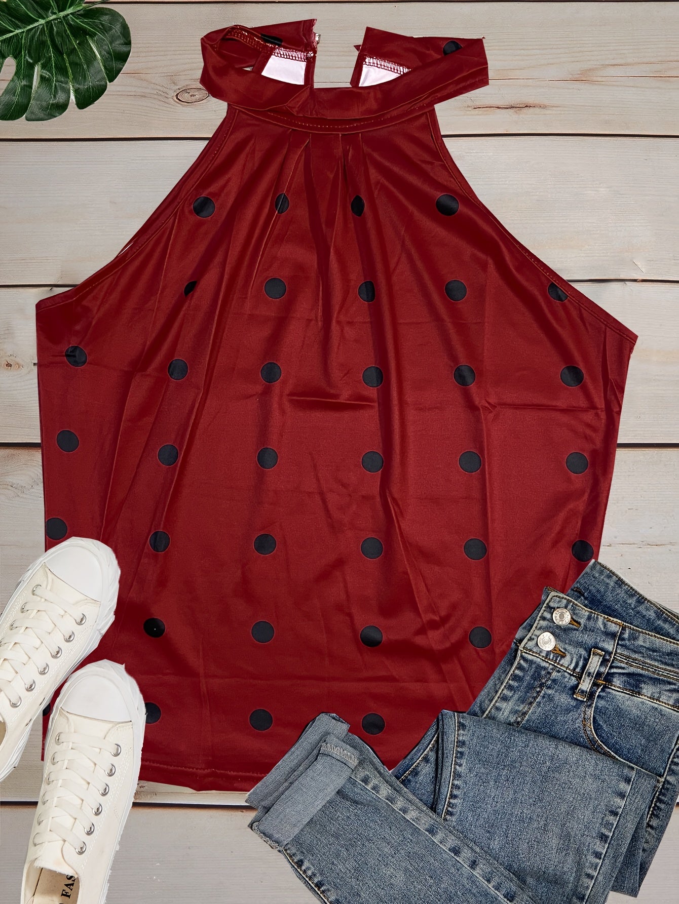 Polka Dot High Collar Top Sleeveless Summer Keyhole Top