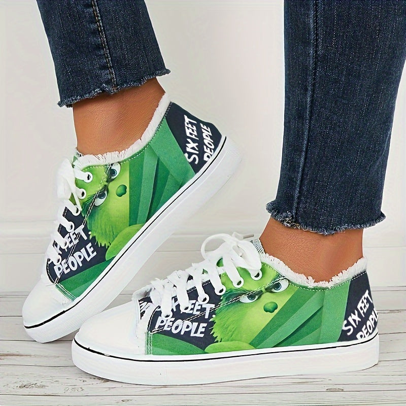Women Cartoon Pattern Raw Trim Board Shoes Lightweight Low Cut Canvas Sneakers