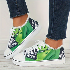 Women Cartoon Pattern Raw Trim Board Shoes Lightweight Low Cut Canvas Sneakers