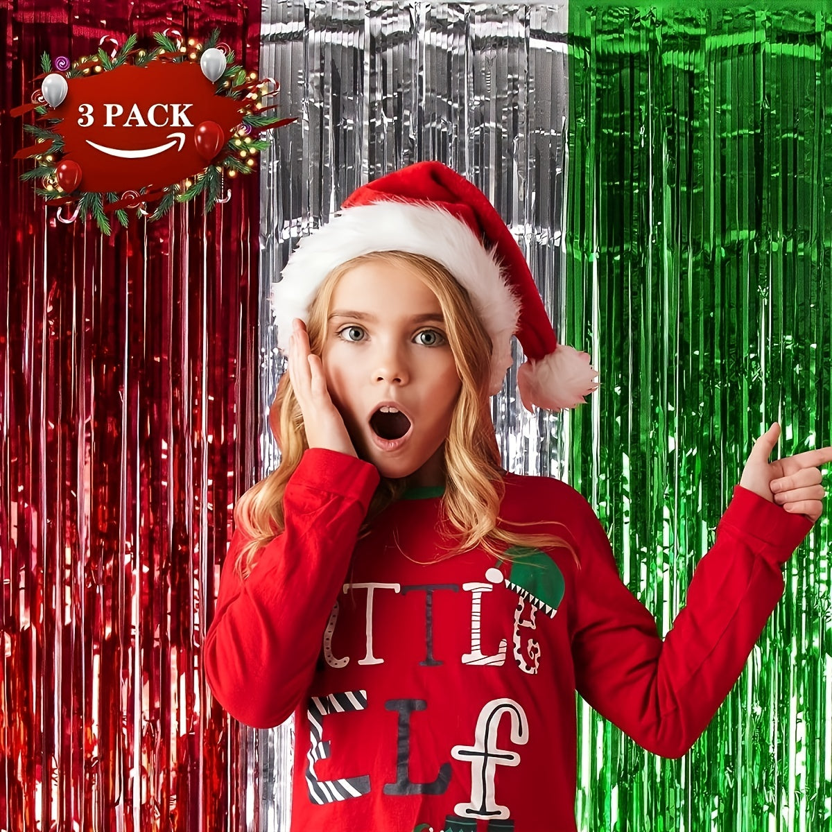 3 Pcs Christmas Red Green Silvery Foil Fringe Curtains