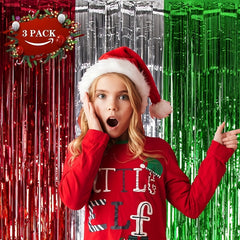 3 Pcs Christmas Red Green Silvery Foil Fringe Curtains