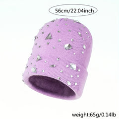 Purple Rhinestone Decor Beanie Knit Hat