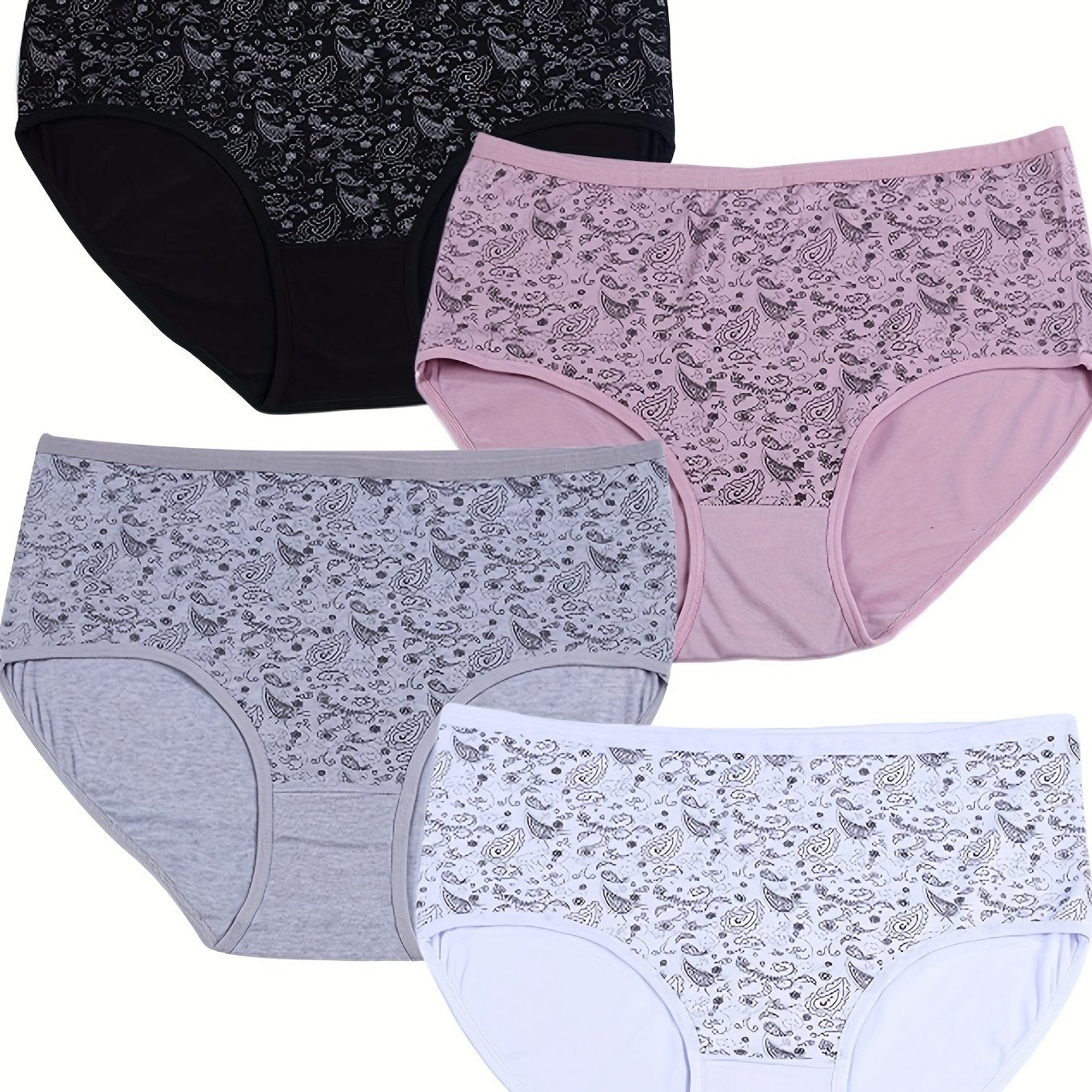 4 Pack Plus Size Boho Panties Set Women's Plus Paisley Print Underwear