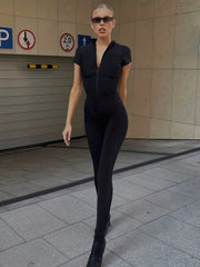 Solid Zip Up Slim Jumpsuit Short Sleeve Sexy Women's Clothing