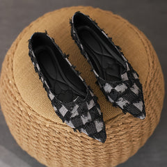 Plaid Pattern Denim Flats with Tassel Detail