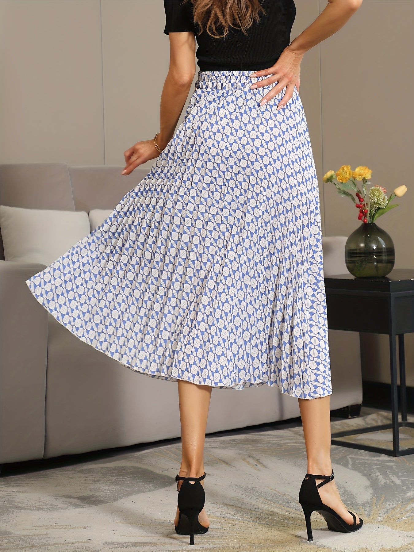 Geometric Print Pleated Skirt Elastic Waist Spring Summer Women's Clothing