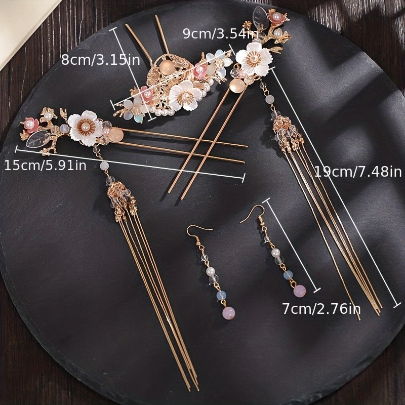 Chinese Bridal Wedding Accessories Set Floral U shaped Hairpin Earrings Set