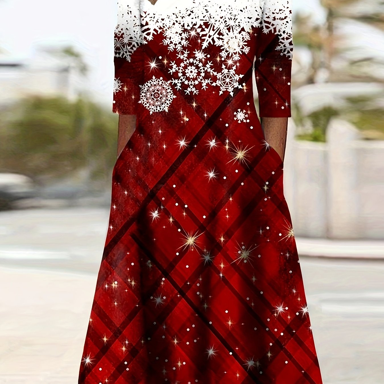Women's Snowflake & Plaid Print Long Sleeve Dress