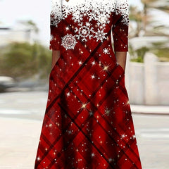 Women's Snowflake & Plaid Print Long Sleeve Dress