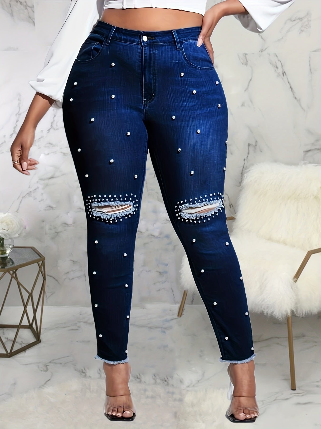 Pearl Decor Ripped Fringe Skinny Jeans