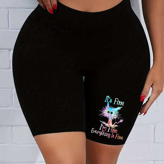 Cartoon Cat Print High Rise Skinny Shorts
