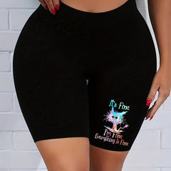 Cartoon Cat Print High Rise Skinny Shorts
