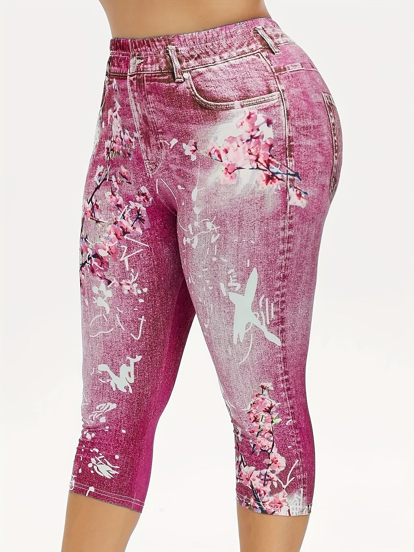Floral & Denim Print Capris Leggings Casual Crop Leggings