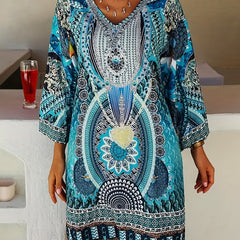 Boho Dress Women's Plus Allover Print Long Sleeve V Neck Loose Fit