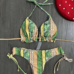 Colorblock Triangle Bikini Set Halter Neck High Cut Swimsuit