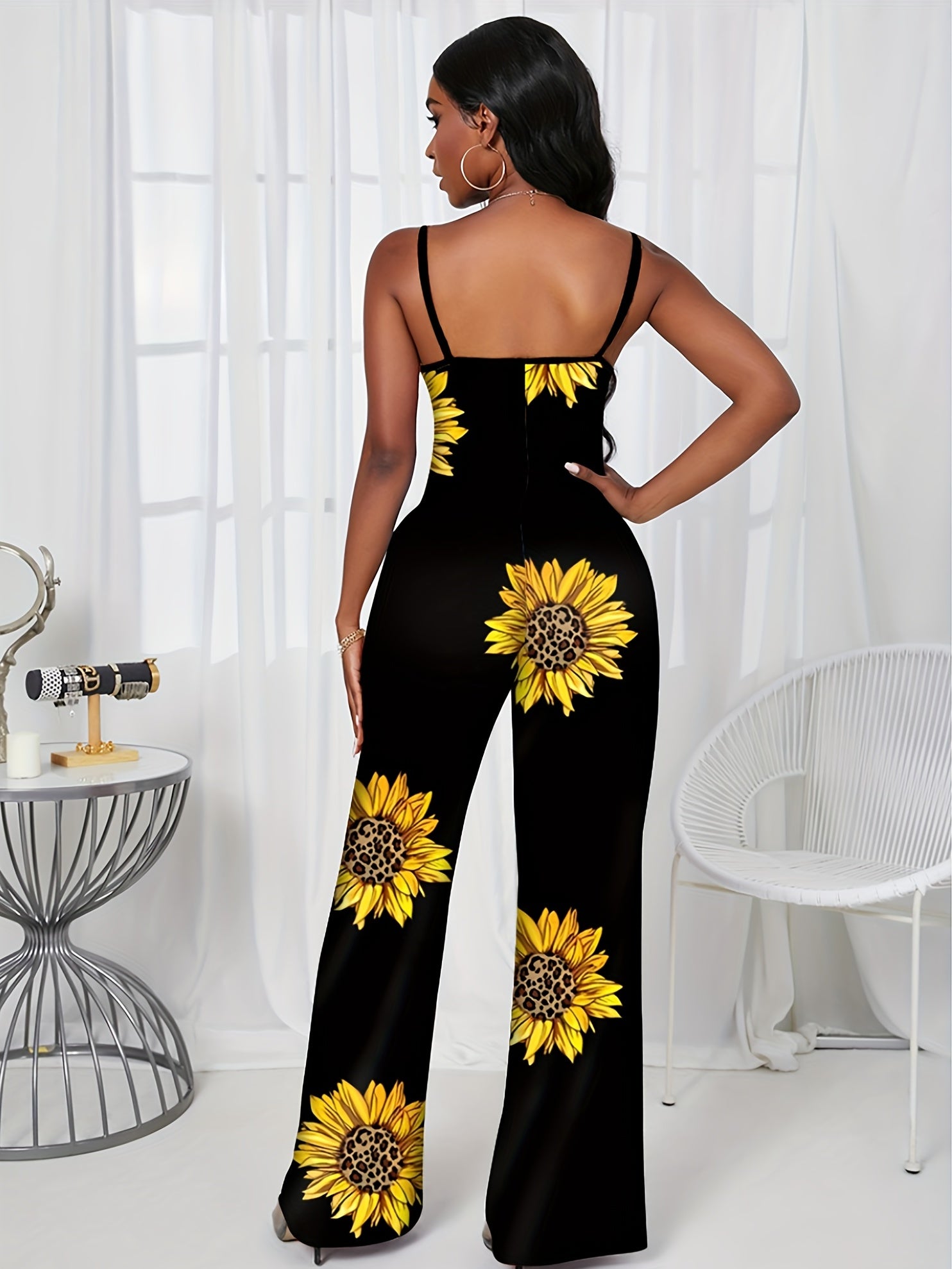 Sunflower Print Spaghetti Strap Jumpsuit Wide Leg Jumpsuit