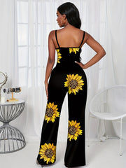Sunflower Print Spaghetti Strap Jumpsuit Wide Leg Jumpsuit