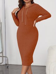 Solid Ribbed Long Sleeve Drawstring Hooded Dress