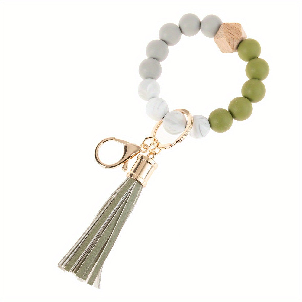Silicone Keychain Tassel Wooden Beads Wrist Keyrings Bracelet