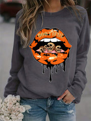 Lip Print Sweatshirt Long Sleeve Crew Neck Casual Pullover