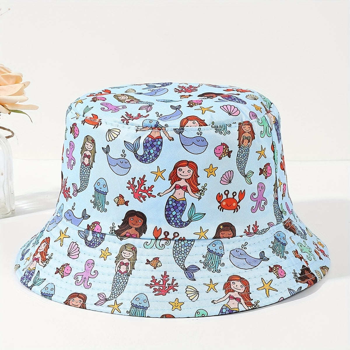 Kid's Mermaid Print Fisherman Hat, Sea Animals Sun Visor