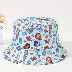 Kid's Mermaid Print Fisherman Hat, Sea Animals Sun Visor
