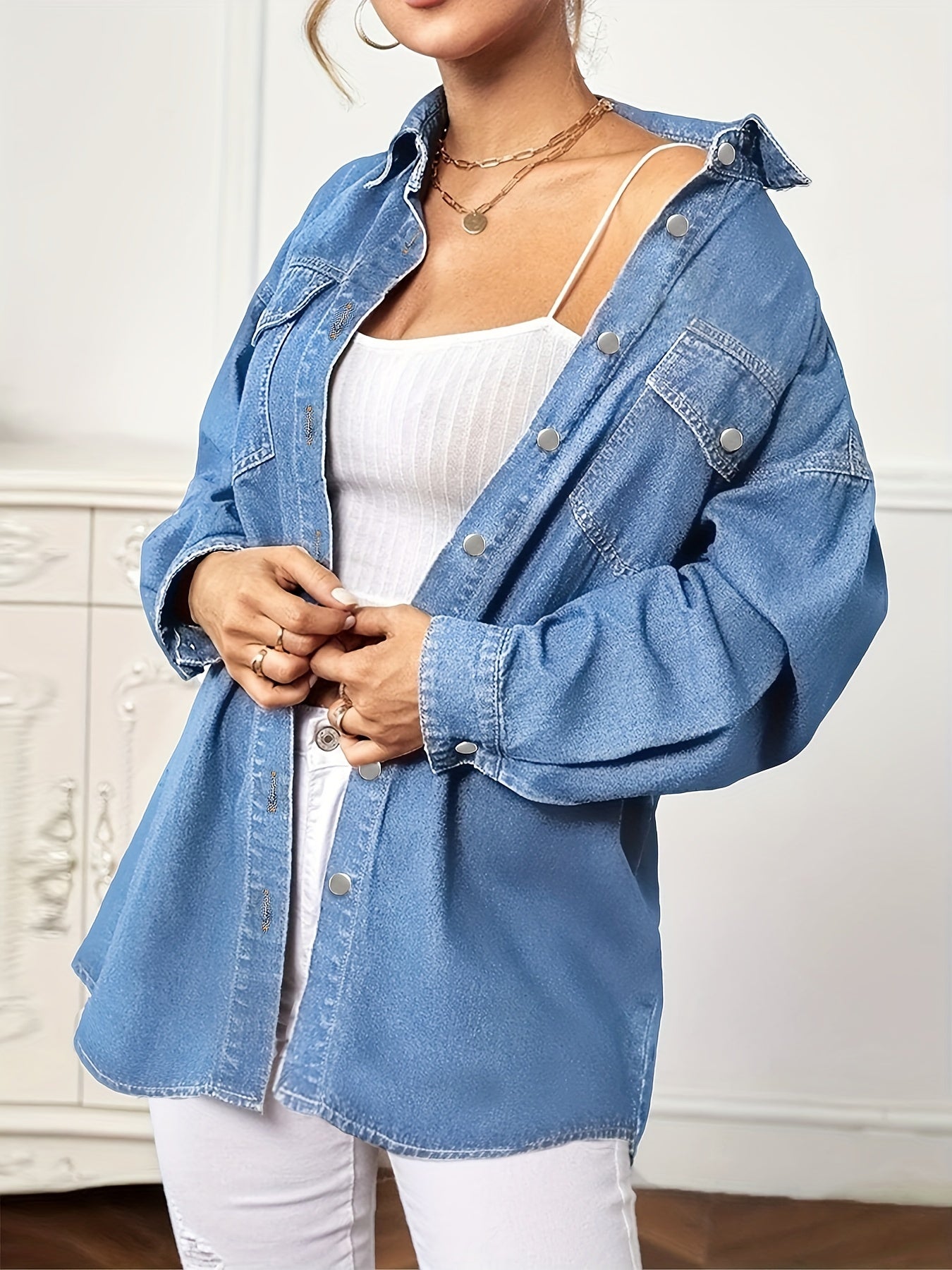 Oversized Denim Jacket Button Closure Long Sleeve Denim Shirt