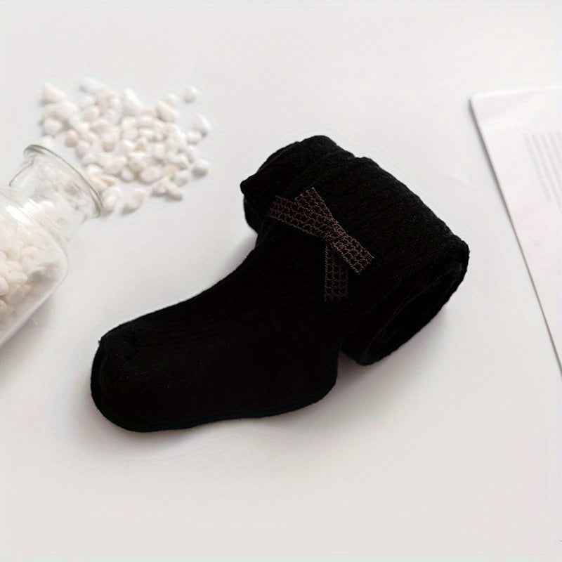 Girls Bow Decor Ribbed Knit Pantyhose Soft Tights Leggings Pants