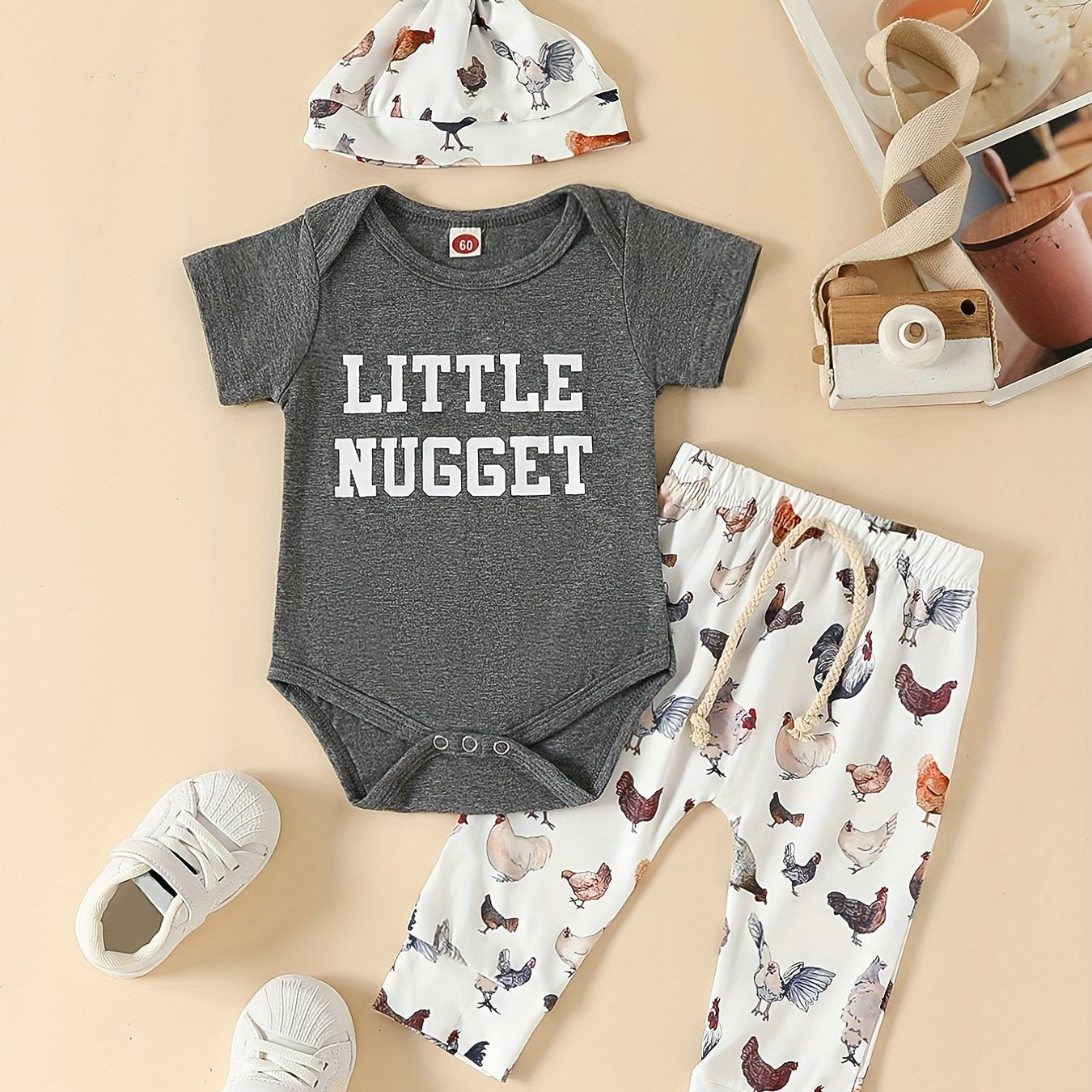 Nugget Print Short Sleeve Onesie & Hen Graphic Pants & Hat Baby's Set
