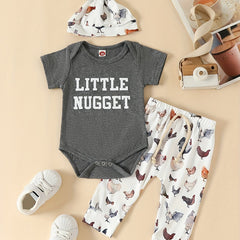 Nugget Print Short Sleeve Onesie & Hen Graphic Pants & Hat Baby's Set