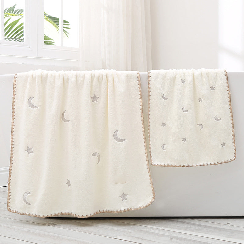 Set of 2 Embroidered Star Moon Towel Soft Absorbent Bath Towel