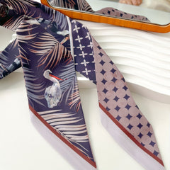 Bird Leaf Print Vintage Satin Twilly Scarf Neckerchief French Style Hair Ribbon