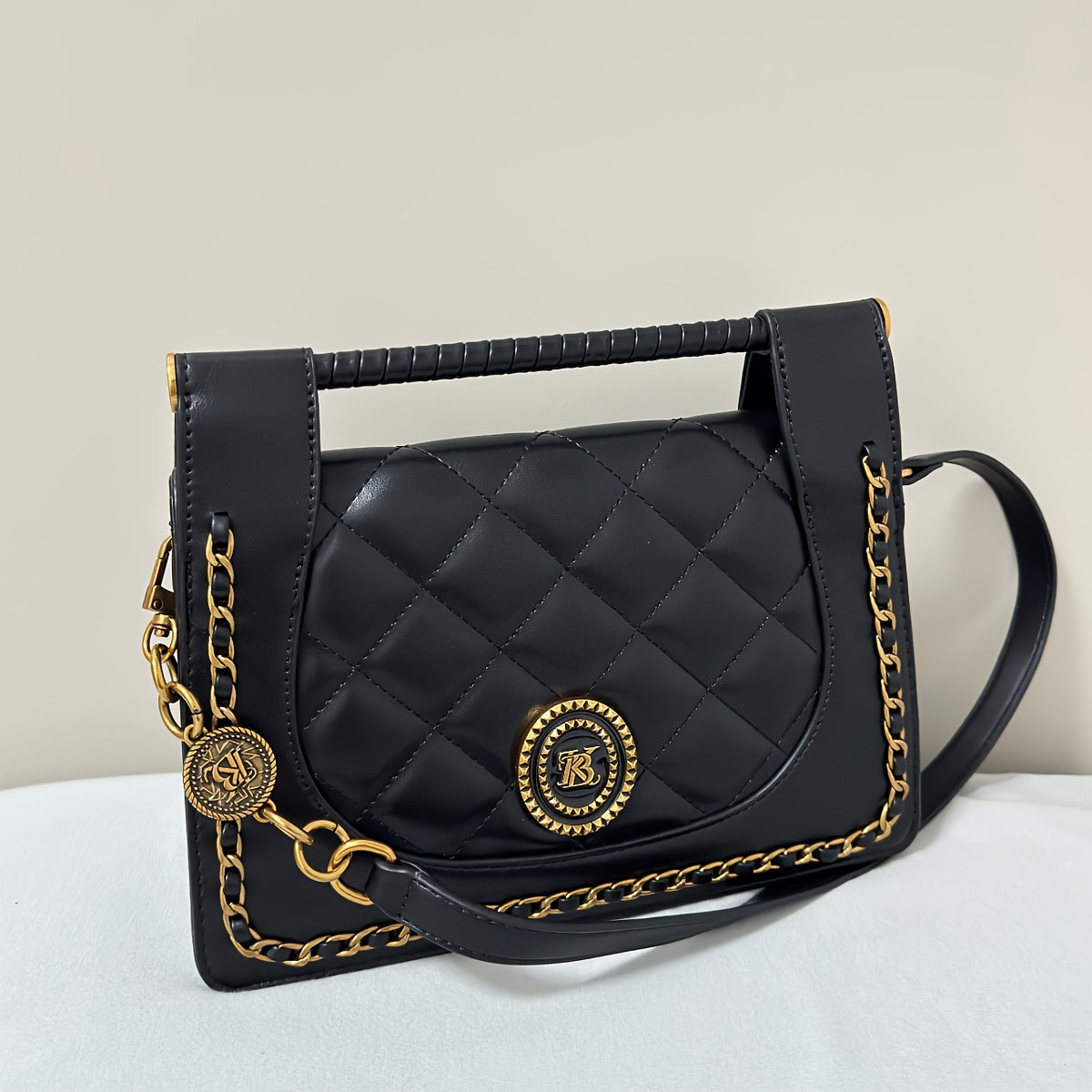 Grid Pattern Women's Handbag with Shoulder Strap & Magnetic Closure