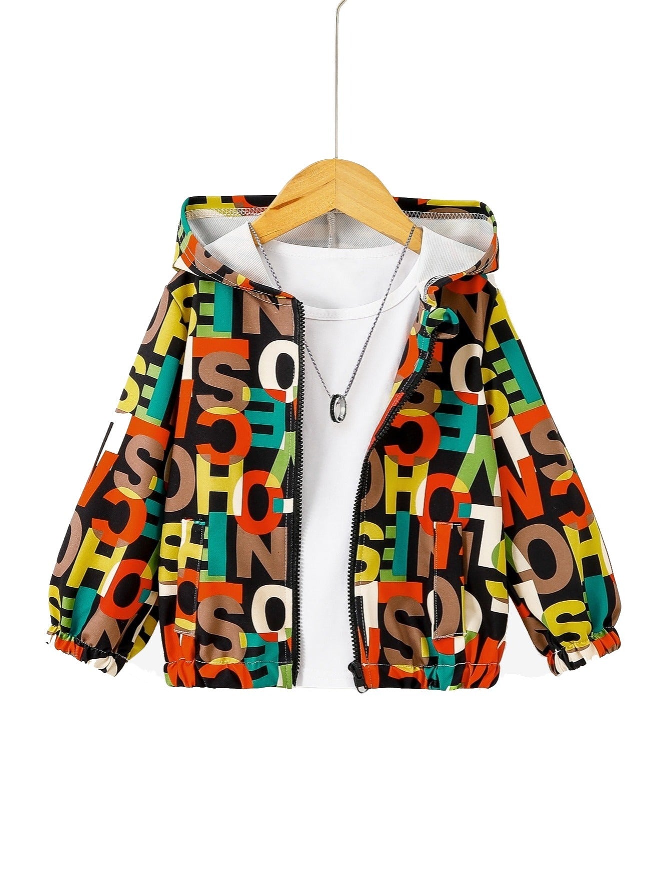 Boys Letter Hooded Long Sleeves Zip Jacket